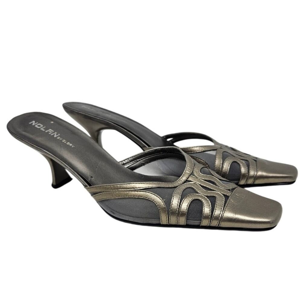 Vintage Y2K Nolan 8.5 Silver Leather Slide Mule Square Toe Glam Avant Garde